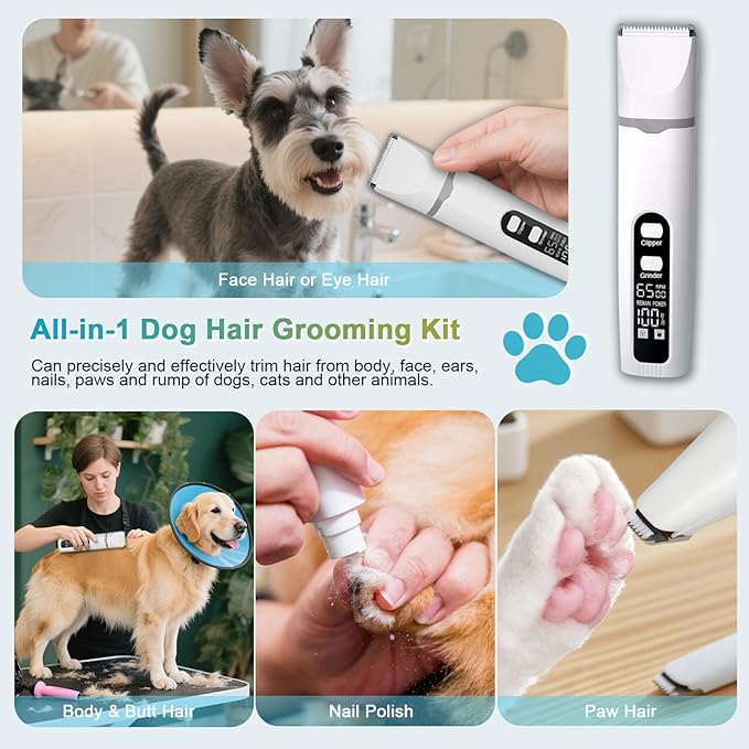 4 in 1 Dog Clippers Grooming Kit with LED Screen, Cordless Quiet Paw Trimmer & Nail Grinder, Rechargeable Waterproof Feet Ear Body Hair Shaver for Cats Dogs Pet Supplies-PawvioPets