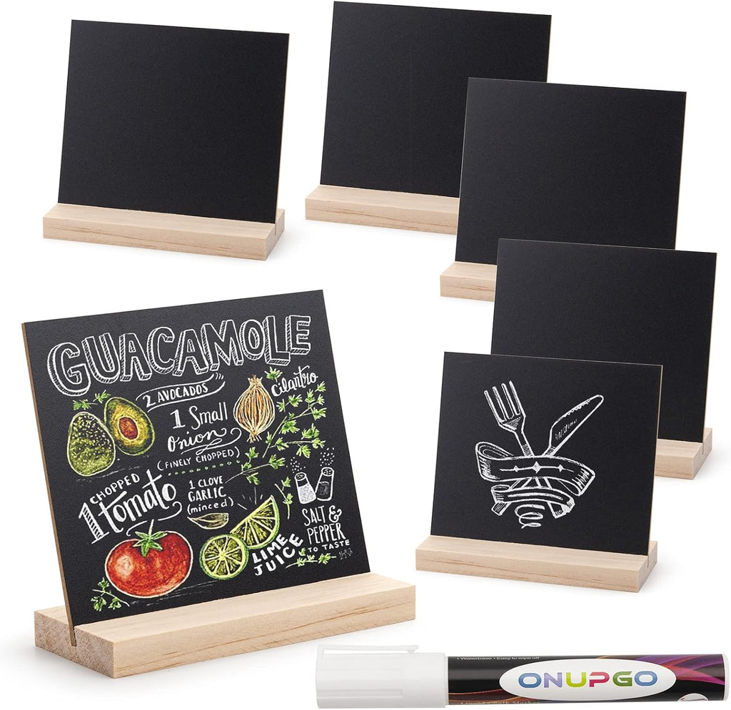 ONUPGO Chalkboard Signs with Wood Base Stands, 10X12cm Vintage Wooden Tabletop Decorative Chalkboard Sign, Message Chalkboard Sign for Party, Restaurant, Wedding, Set of 6
