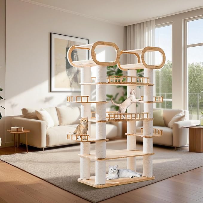 76.8'' Modern Cat Tree, Tall Cat Tower for Indoor Cats, Pine Wood Climb Tower with 2 Removable Mats, Heavy Duty Cat Furniture with Fully Wrapped Scratching Post, Huge Cat Condo for Multi-Cat Families-PawvioPets