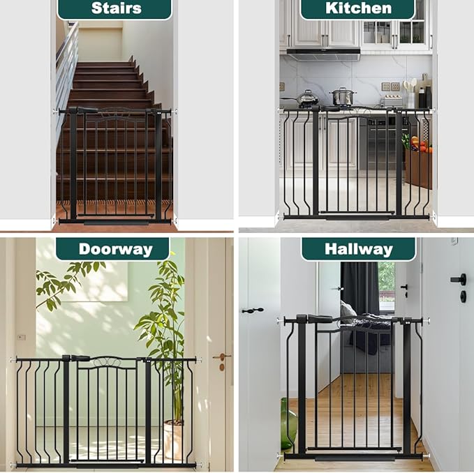 Baby Gate for Stairs 29.53"-53.1" Extra Wide, Pressure Mounted Dog Gate Indoor, Walk Thru Pet Gate for Cat Dog Child,Pet Gates for The House Doorway Black-PawvioPets