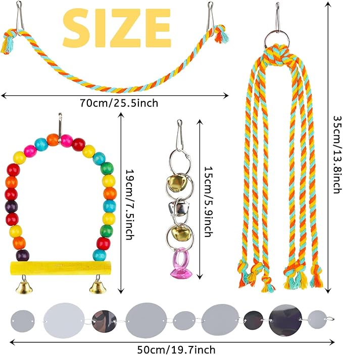 8 pcs Bird Toys for Parakeets with Colorful Ladder Hammock Bird Cage Accessories Bird Perch Stand Chewing Toys Hanging Bell Parrot-PawvioPets