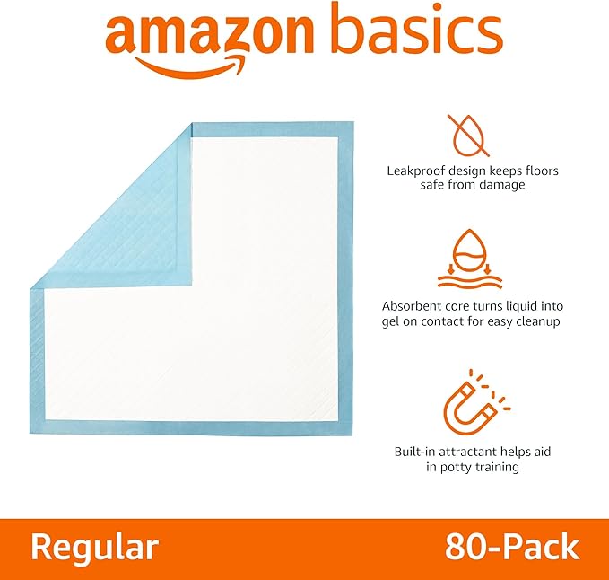 Amazon Basics Heavy Duty Dog and Puppy Pee Pads, 5-Layer Leak-Proof Ultra Absorbent, Quick-Dry Surface, Potty Training, Regular (24x23"), 50 Count, Blue & White-PawvioPets