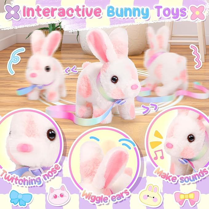 Easter Bunny Toys for Kids with Crossbody Bags, Easter Basket Stuffers Interactive Hopping Wiggle Ears Rabbit Toy, Pretend Play Robot Pet Care Cute Stuff for Girls Trip Plushies Birthday Gifts-PawvioPets
