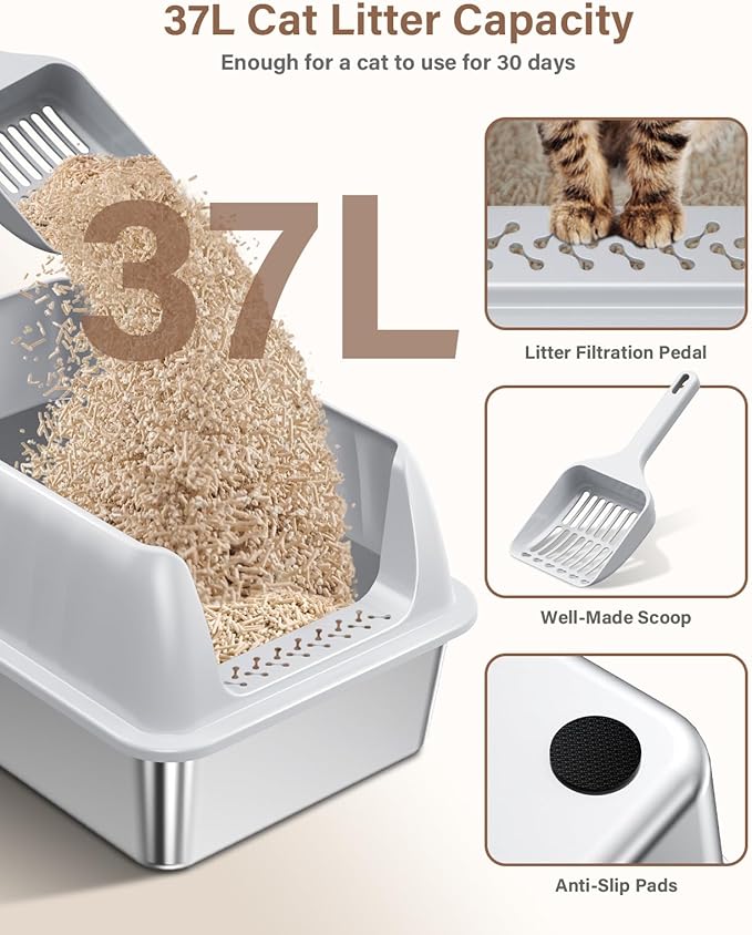 Cat Litter Box Stainless Steel XL with Lid, Enclosed Metal Extra Large Litter Box Pan High Sided with Scoop for Big Cats, Non-Sticky, Anti-Urine Leakage, Easy Cleaning-PawvioPets