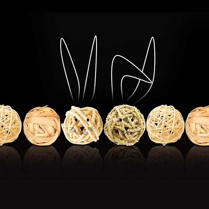 8 Pcs Small Animals Play Balls Rolling Activity Chew Toys Gnawing Treats for Rabbits Guinea Pigs Chinchilla Bunny Natural Balls, Pet Cage Entertainment Accessories (8Pcs)-PawvioPets