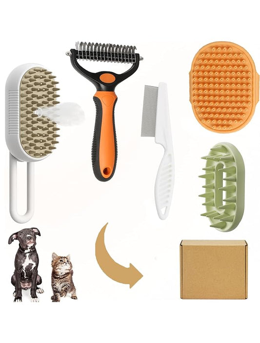 5 Pack Cat Steam Brush Kit - Pet Mist Water Brush for Dogs, Includes Steamy Brush, Undercoat Rake, Bath Brush, Flea Comb - Dynamic Dematting Tool-PawvioPets