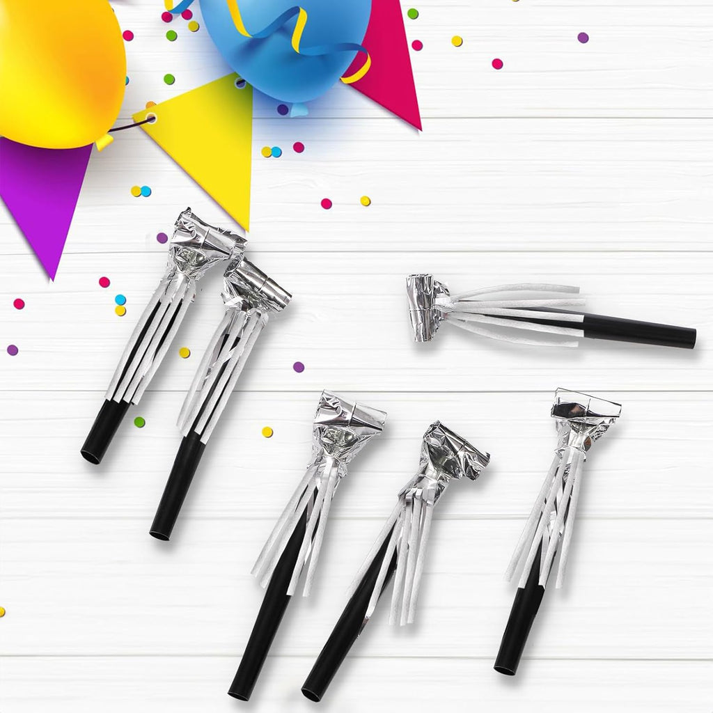60 Packs Silver Noise Makers, Metallic Fringed Party Blowers, Horns Musical Blowouts Whistles for Birthday Party, Sporting Events, Graduation, Party Favor Supplies Adults