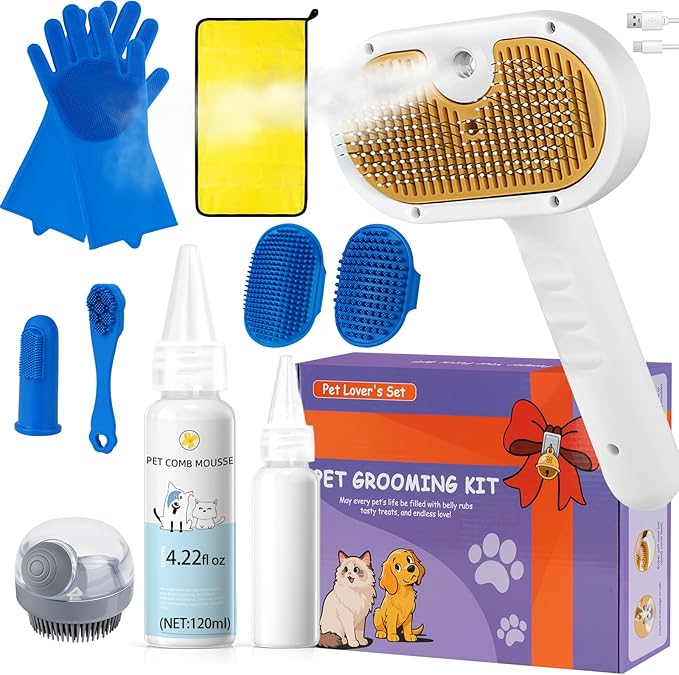 3-in-1 Pet Steam Brush Set for Dogs & Cats, Grooming Comb with Spray, Defur Tool, Water-Free Shampoo, Bath Gloves,Bath Brush, Tooth & Ear Brush, Towel (11PCS)-PawvioPets