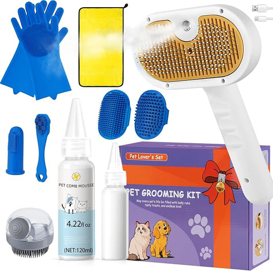 3-in-1 Pet Steam Brush Set for Dogs & Cats, Grooming Comb with Spray, Defur Tool, Water-Free Shampoo, Bath Gloves,Bath Brush, Tooth & Ear Brush, Towel (11PCS)-PawvioPets