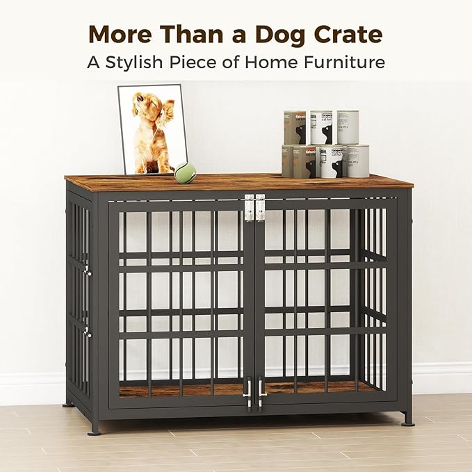 32 Inch Heavy Duty Wooden Dog Kennel End Table with Double Door Design and Secure Locks, Indoor Pet Crate Furniture for Medium Dogs, Decorative Home Cage Design,Aged Black-PawvioPets