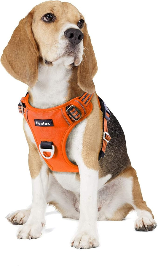 Funfox Dog Harness No Pull, Adjustable Pet Vest Harness, Super Soft Material with Vertical Handle Easy Control, Reflective Night Walking, 2 Leash Clips for Medium Sized Dogs, Orange, M-PawvioPets