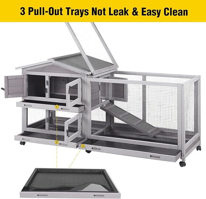 Aivituvin Rabbit Hutch Outdoor Rabbit Cage Indoor with Casters Bunny Cage Chikcen Coop for Small Animals with Pull-Out Tray(Grey)-PawvioPets