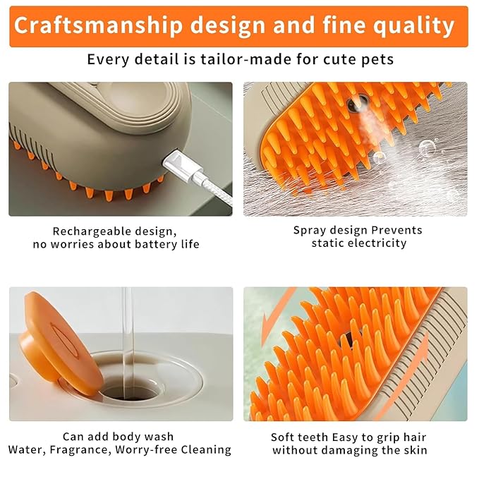 Cloud Care Cat Brush，Cat Hair Steam Brush for Shedding， 2024 Best Cat Steam Brush, Pet Steam Brush, 3-in-1 Self-Cleaning Cat Brush with 360° Rotating Arm, Detachable Silicone Bristle Head (Brown)-PawvioPets