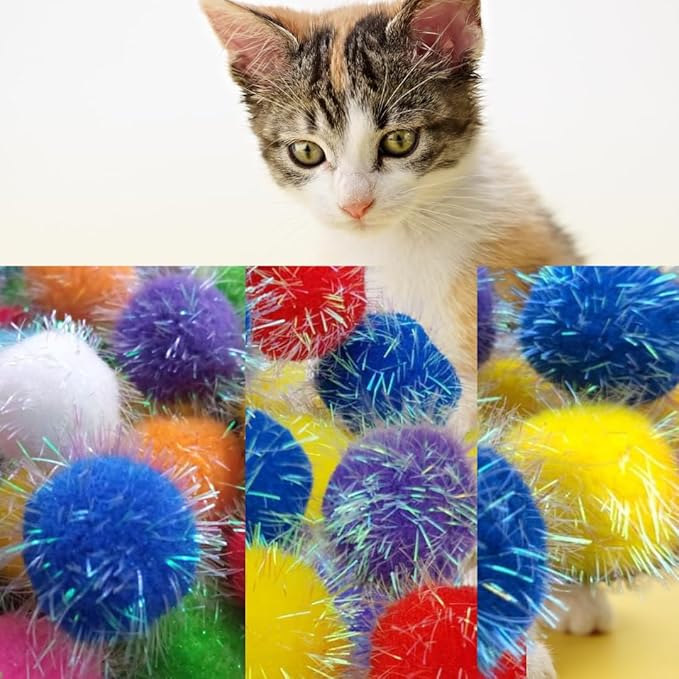20 Pieces Mix Sizes Sparkle Pom Pom Balls for Cat - Interactive Glitter Balls, Multicolor, Best as Kitten Play Toys.-PawvioPets