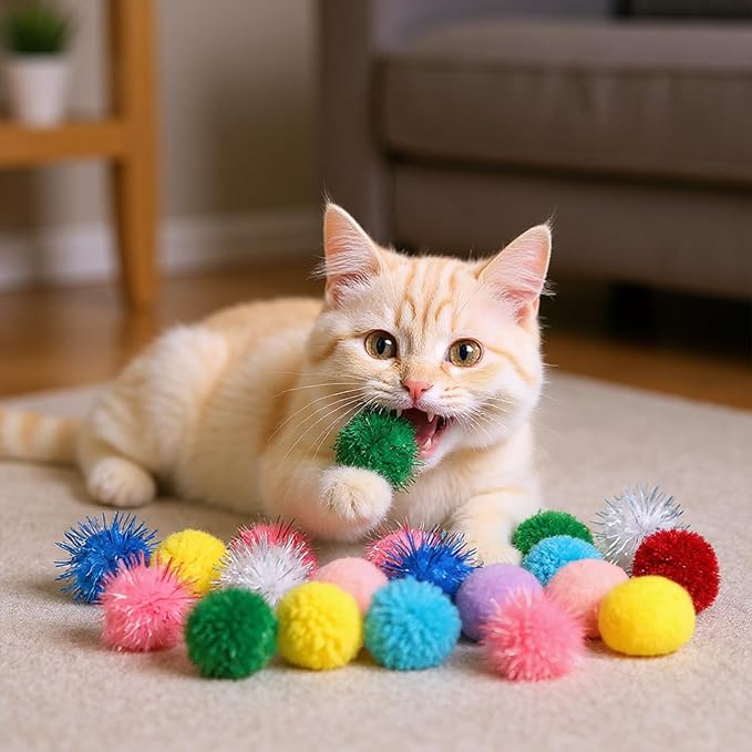 30 Pcs Cat Pom Pom Balls Assorted Color Sparkle Ball for Indoor Cats, Interactive Cats Toys Fuzzy Cat Balls Tinsel Glitter Chase Poms Poms Ball for Exercise and Entertainment-PawvioPets