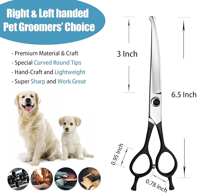 Dragon Creek 6.5" Downward Curved Dog Grooming Scissors Shears for Grooming Face and Paws Safety Round Tips Shears Trimming Cutting Scissors for Dog Cat Pet Black-PawvioPets