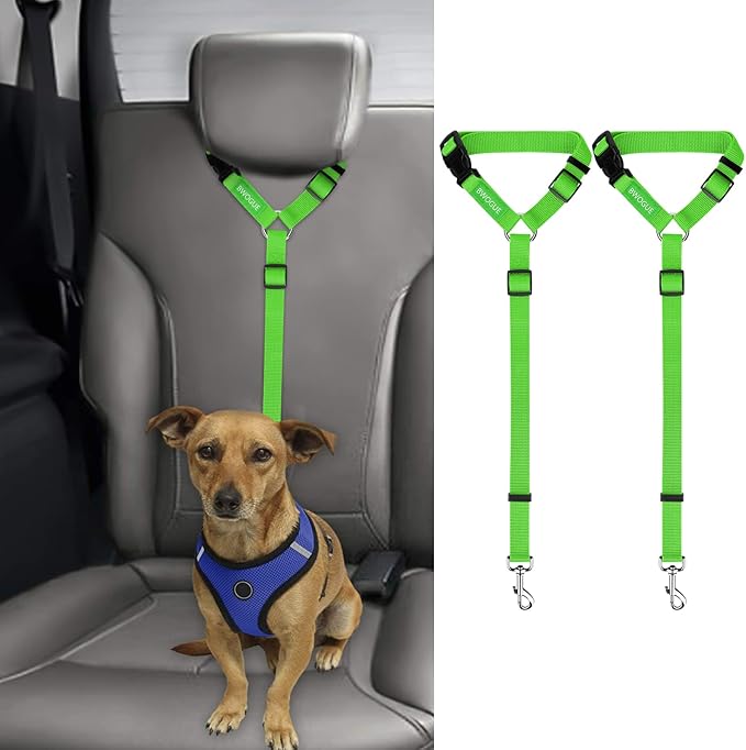 BWOGUE 2 Packs Dog Cat Safety Seat Belt Strap Car Headrest Restraint Adjustable Nylon Fabric Dog Restraints Vehicle Seatbelts Harness Green-PawvioPets