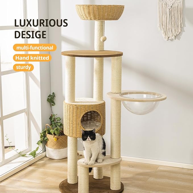 2025 Modern Cat Tree Tower for Large Cats, Advanced Space Module Cat's Nest, Hand Woven Multilevel Huge Paws Pals Tree, 7cm Natural Sisal Prop Wood, Scratching Cat Lover Gifts-PawvioPets