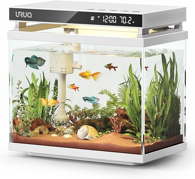Fish Tank Smart Aquarium Kit: URUQ 2 Gallon Self Cleaning Multi-Layer Filtration System Silent Pump - UHD Glass 7-Color Lighting Temperature Monitoring - Fragrance Diffuser Humidifier White-PawvioPets