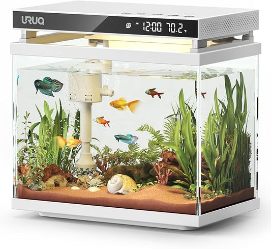 Fish Tank Smart Aquarium Kit: URUQ 2 Gallon Self Cleaning Multi-Layer Filtration System Silent Pump - UHD Glass 7-Color Lighting Temperature Monitoring - Fragrance Diffuser Humidifier White-PawvioPets