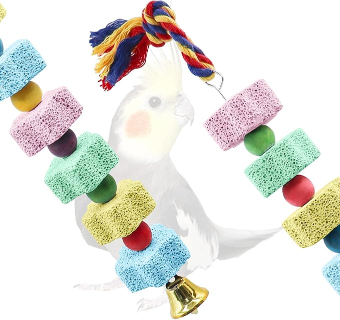 2 Pack Bird Chewing Toy, Colorful Parrot Beak Grinding Calcium Stone with Bells, Cage Accessories for Cockatiels Parakeets Parrots Budgies Lovebirds Rat Hamster Chinchilla Rabbit Bunny African Grey-PawvioPets