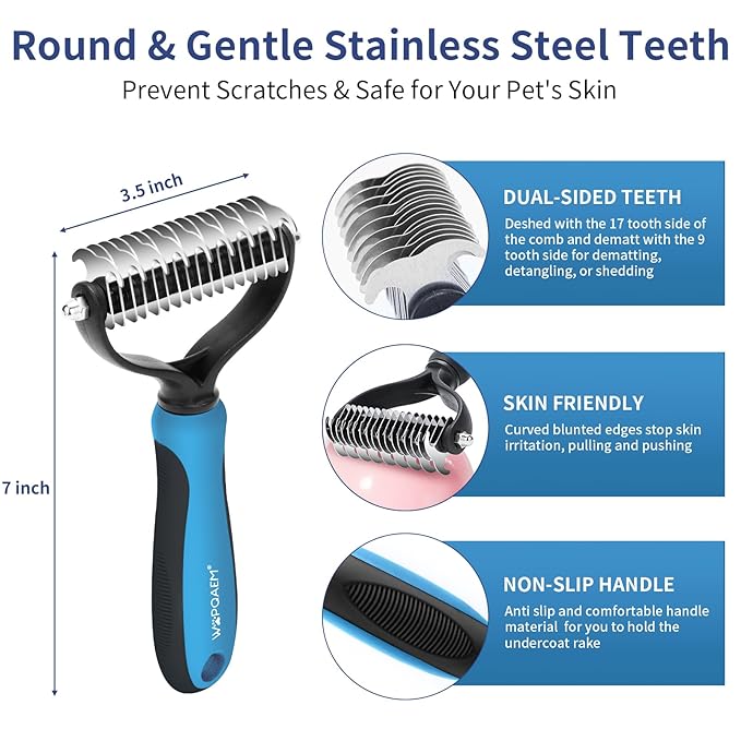 5 in 1 Dog Grooming Kit - Self-Cleaning Slicker Brush for Shedding Short Long Haired Dogs & Cats, Includes Pet Comb, Flea Comb, Bath Brush, Undercoat Rake - Complete Fur Care Set - Blue-PawvioPets