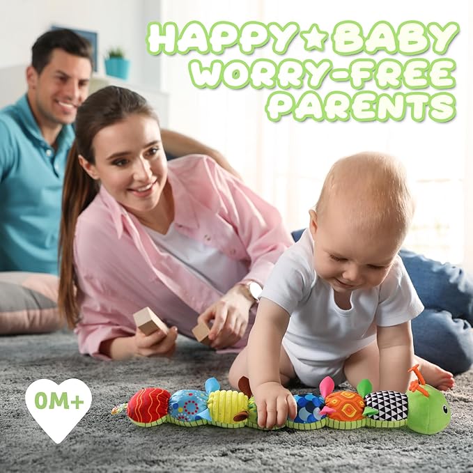 Baby Toys 0 to 12 Months, Musical Stuffed Animal Activity Soft Toys with Multi-Sensory Crinkle, Rattle and Textures, Infant Tummy Time Toys for Newborn Boys Girls, Caterpillar, Green-PawvioPets