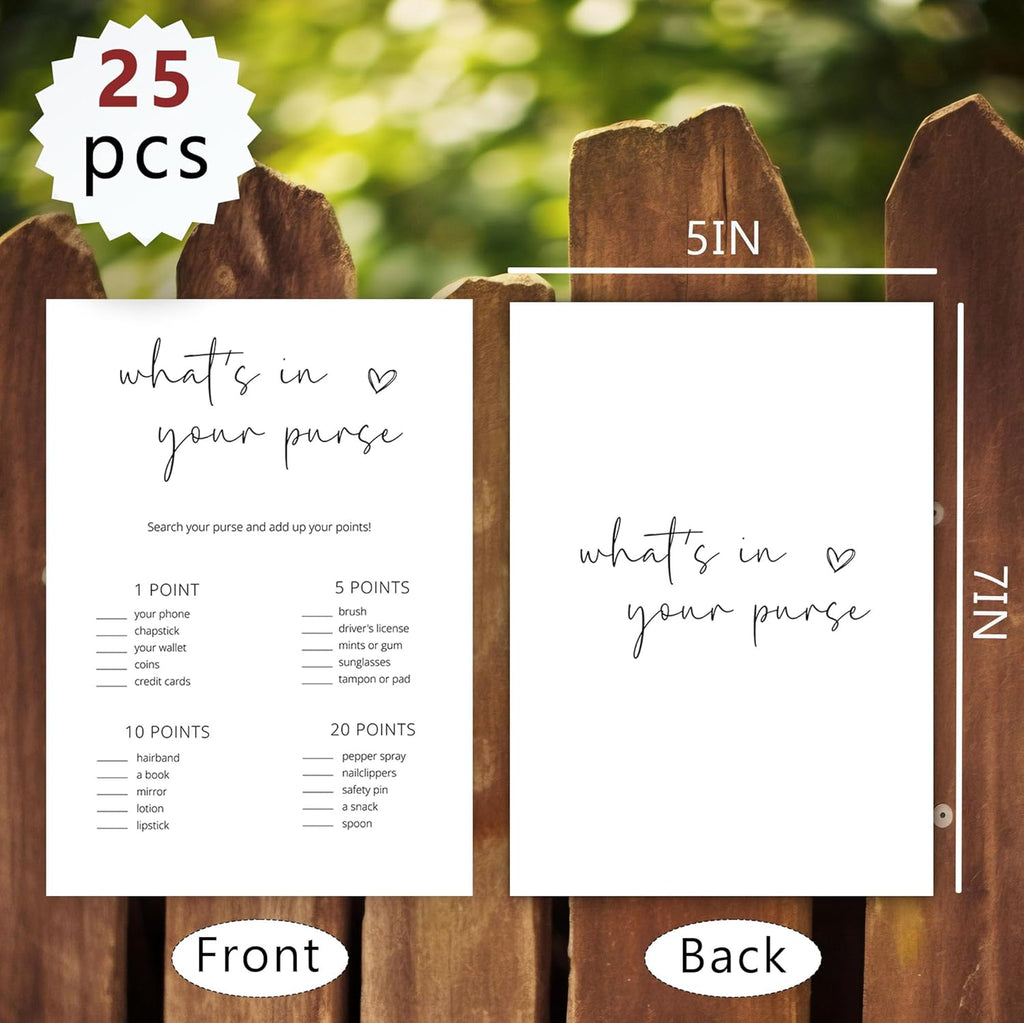 Bridal Shower Games, What's in Your Purse, 25Pcs Minimalist White Double-Sided Bridal Game Cards, Wedding Shower Games for Guests, Engagement Bachelorette Party Supplies - A18