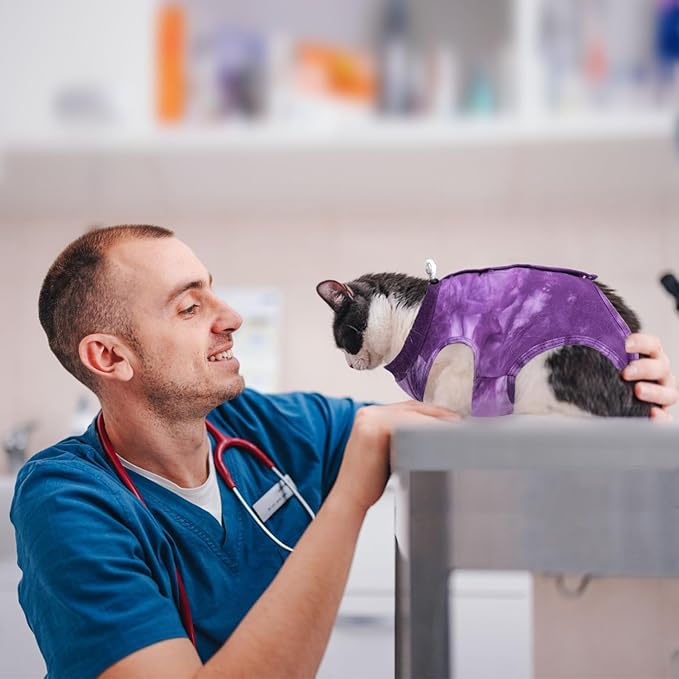 Cat Recovery Suit for Male and Female Surgical Post Surgery Soft Cone Onesie Tie Dye Cats Shirt Clothes Neuter Licking Protective Diapers Outfit Cover Kitten Spay Collar Alternative(Purple, M)-PawvioPets