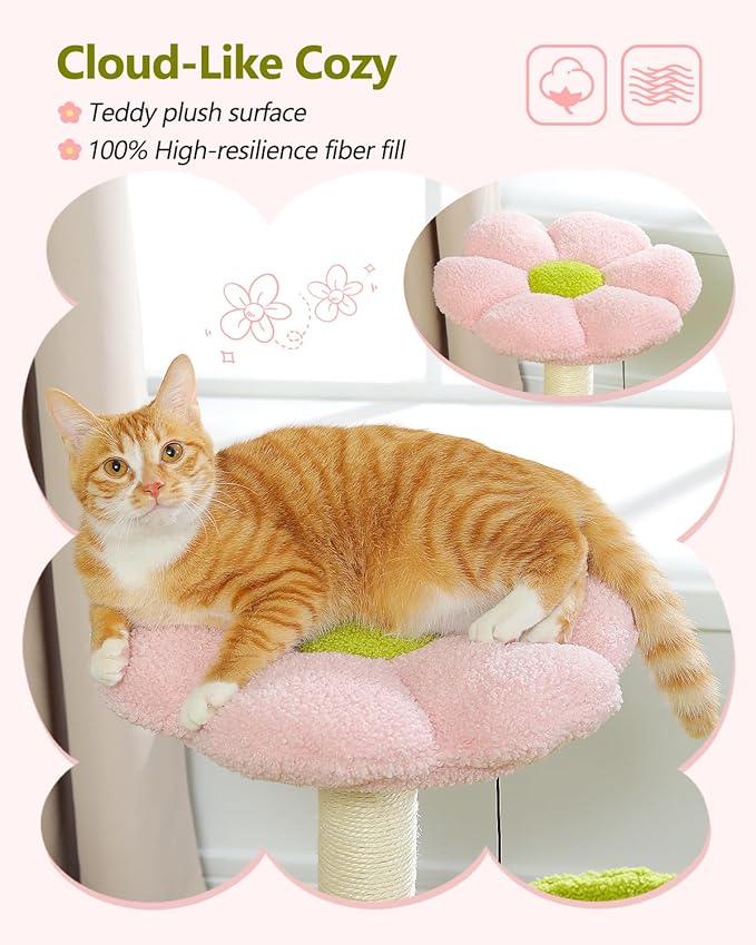 Flower Cat Tree, 28" Cat Tower with Cozy Flower Perch, Large Hammock for Indoor Small Cats, Cute Cat Tree with Sisal Scratching Post and Fur Toy Ball for Kittens, Pink-PawvioPets