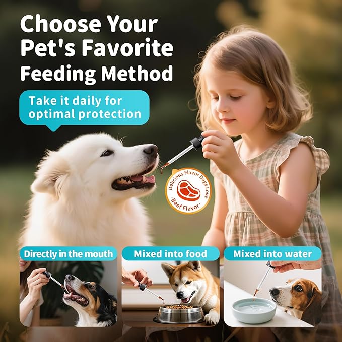 Dog Flea and Tick Support, Natural Herbal Flea & Tick Comfort for Dogs, Flea Liquid Drops Supplement for Dogs with Neem, Oregano, Pumpkin Seed Oil - Beef Flavor, 2 FL.Oz - All Breeds & Sizes-PawvioPets