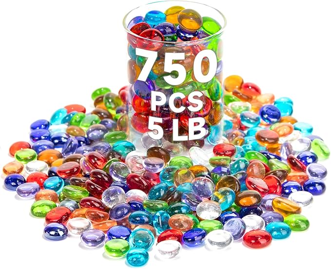 5 LB Mix Color Glass Beads, Mini Flat Glass Marbles~750PCS for Vases, Floral Bottom Mancala Gems Pebbles Fish Tank Rocks for Table Scatter Aquarium,Vase Fillers,Home Decorative Art Craft(0.5"~0.7")-PawvioPets
