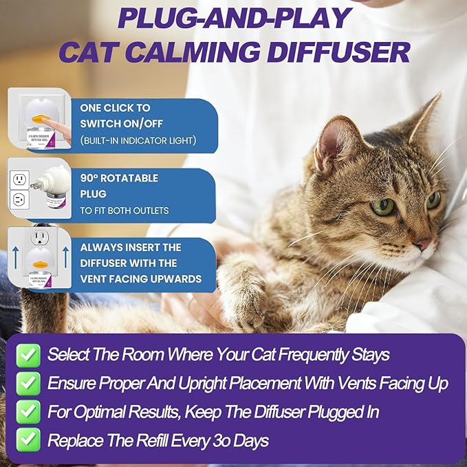 Cat Calming Diffuser, Cat Pheromones Calming Diffuser, Pheromone Dffuser to Calm Cats, Cat Calming Diffuser with 2 Diffuser + 4 Refill,120 Days for Cats Relief Stress Anxiety (Purple)-PawvioPets