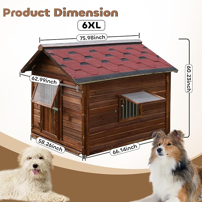 Dog House Outdoor,Solid Pine Wood Large Dog House for Big Breed,Weatherproof Dog Houses Outside with Door,Adjust Windows,Warm Dog Kennel for Outside-PawvioPets