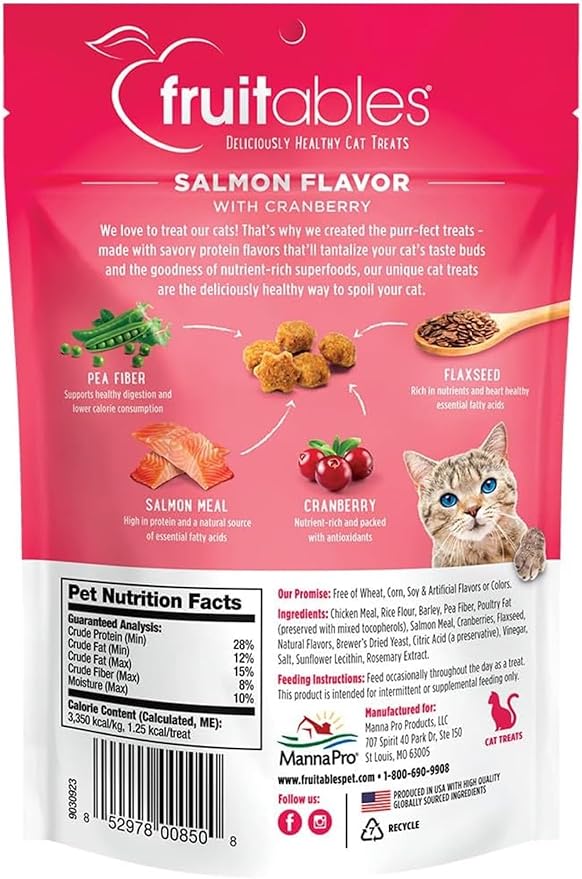 Fruitables Cat Crunchy Treats For Cats – Healthy Low Calorie Packed with Protein – No Wheat, Corn or Soy – Made with Real Salmon with Cranberry – 2.5 Ounces-PawvioPets