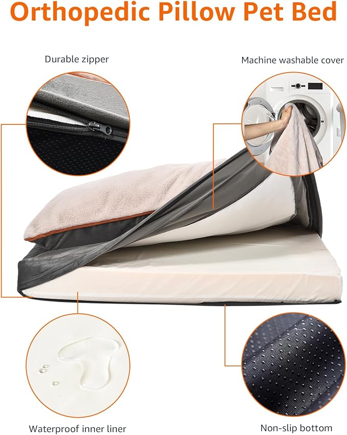 Amazon Basics Dog Bed with Cooling Gel Memory Foam, Pressure-Relief Support for Dogs up to 120lbs, Non-Slip Bottom, Machine Washable Cover, Giant Sized (48" x 36"), Grey-PawvioPets