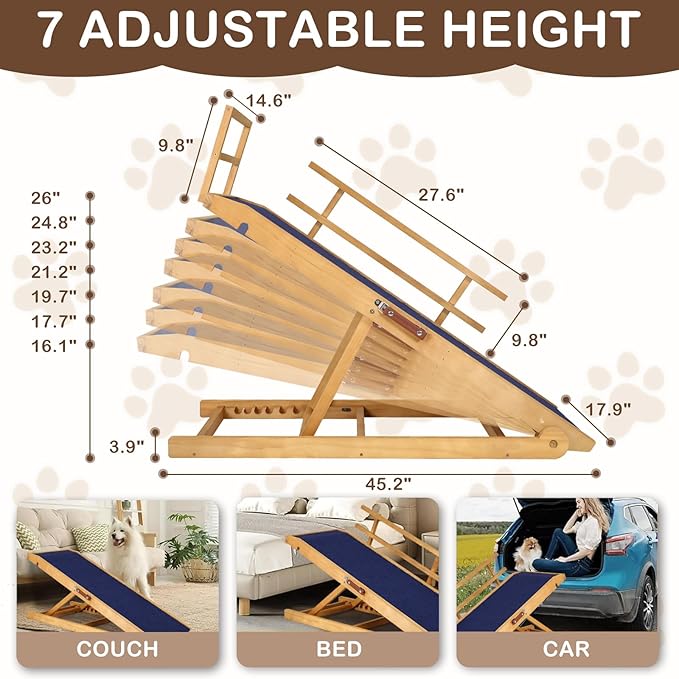 Dog Ramp for Beds, Cars, Couches, Dog Steps Anti-Slip Surface, Dogs Ramps for Old Small Pet,High Traction with Platform, 7 Adjustable Heights 16" to 27" Up, Portable Stairs Design for Dogs, 45.3" Long-PawvioPets