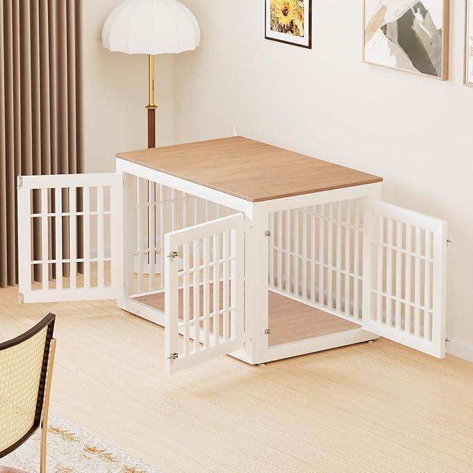 48" Heavy Duty Dog Crate Furniture for Small,Medium and Large Dogs,Rustic Wooden Dog Cage Kennel Indoor Furniture with Waterproof Top,Decorative Pet House Side End Table (White & Wood)-PawvioPets