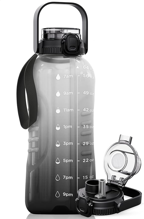 AQUAFIT 64 oz Water Bottle with Time Marker - 2in1 Straw & Chug Lid - BPA Free Big Water Bottle with Straw - Gym Water Bottle with Strap - Water Jug (64 Ounces, Midnight Gray)-PawvioPets
