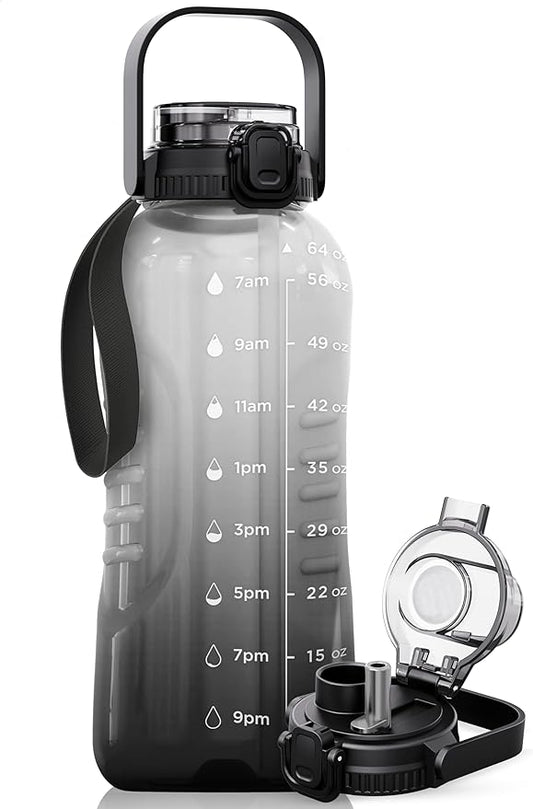 AQUAFIT 64 oz Water Bottle with Time Marker - 2in1 Straw & Chug Lid - BPA Free Big Water Bottle with Straw - Gym Water Bottle with Strap - Water Jug (64 Ounces, Midnight Gray)-PawvioPets
