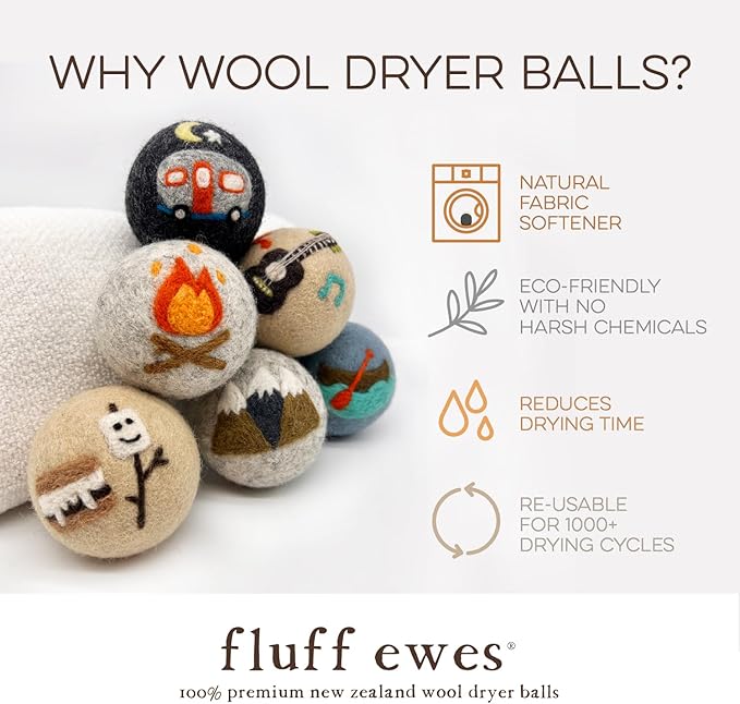 Fluff Ewes Wool Dryer Balls 6 Pack Premium New Zealand Wool Laundry Balls for Dryer, No Static Dryer Balls Laundry Reusable, XL Wool Dryer Balls Cute, Baby Dryer Balls for Dryers - are We There Yet-PawvioPets