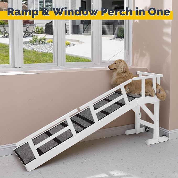 Dog Ramp for Bed or Couch, Wooden Pet Ramp with 20° Gentle Slope, Removable Side Rails, Non-Slip Surface, Top Platform & Wheels, Safe Bed Ramp for Small, Medium & Senior Dogs, 60" Long, White-PawvioPets