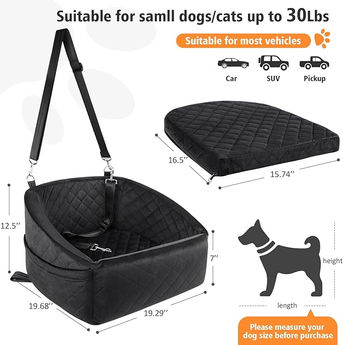 Dog Car Seat for Small Medium Dogs,Detachable Washable Dog Booster Seat Under 30lbs, Pet Car Seat Travel Bed with Storage Pockets and Dog Safety Belt (Black)-PawvioPets