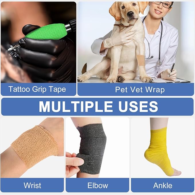 24 Pack Self Adhesive Bandage Wrap 2 Inch, Cohesive Medical Tape for Sports, Elastic Vet Wrap for Athletic, Ankle, Wrist Sprains, Pet First Aid-PawvioPets