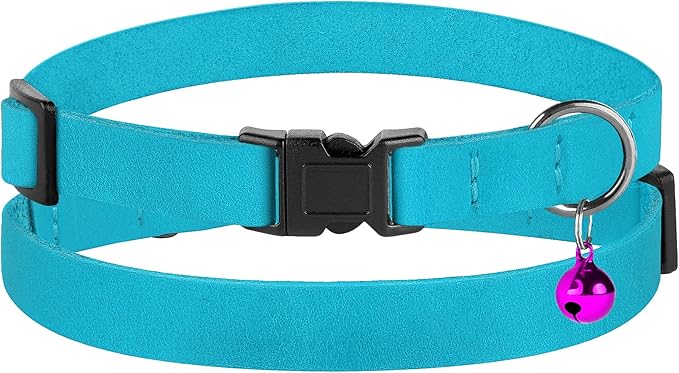 Breakaway Cat Collar Leather with Removable Bell - 13 Colors Available - Soft Adjustable Girl Boy Safety Lightweight Pet Kitten Collars Pink Brown Blue Green Red Orange Black (Aquamarine)-PawvioPets