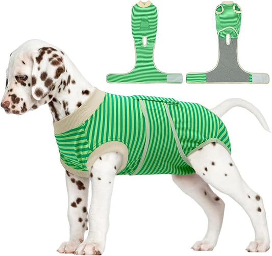 FUAMEY Dog Recovery Suit Male,Dogs Surgery Neuter Suits Puppy Spay Shirts for Female Protect Dog's Skin Anti Licking Abdominal Wounds Doggie Onesie Pet Bodysuit Alternative to Cone Green Stripes XS-PawvioPets