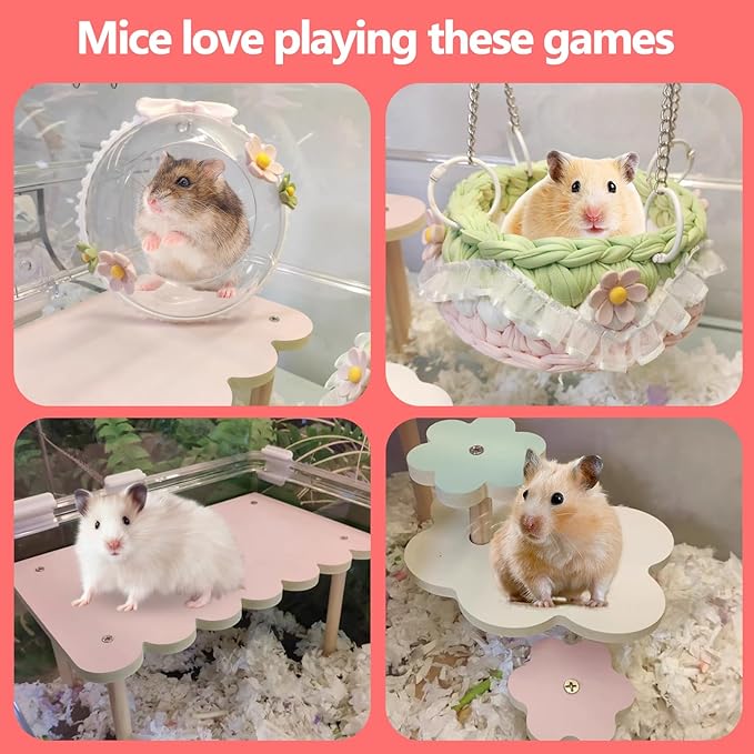 4-Pack Wooden Rat Cage Accessories - Platforms, Ladders & Hammocks Set for Chinchillas, Hamsters, Gerbils (for Iron/Wooden, Acrylic Hamster Cages + Customizable Layout) (11x6.7x5.5)-PawvioPets