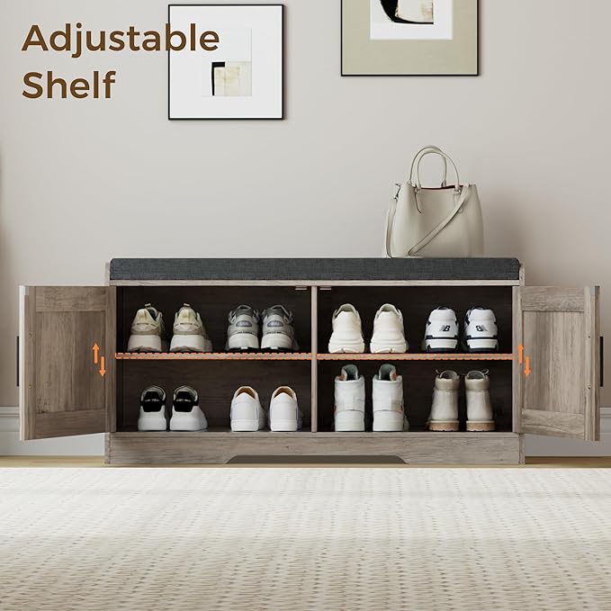 2-Tier Storage Bench, Shoe Bench with Thickened Padded Seat Cushion, Entryway Bench with 2 Doors, Adjustable Shelf, 13.8" D x 37.4" W x 18.5" H, for Entryway, Living Room, Bedroom, Greige-PawvioPets