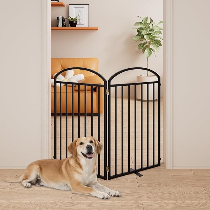 2 Panles Full Matel Freestanding Dog Gates with Door, 48"Extra Wide 36"Tall Free Standing Dog Pet Gate for Indoor & Outdoor. Foldable Pet Fences for Doorways, House, Stairs, Porch, Deck, Yard-PawvioPets