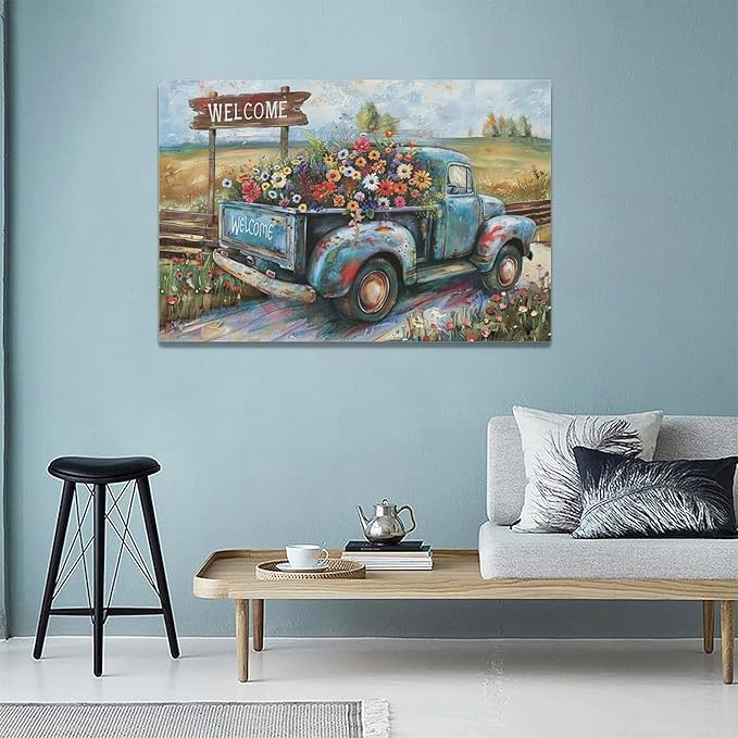 Farmhouse Truck Wall Art Rustic Country Wildflowers Wall Decor Road Flowers Landscape Pictures Canvas Print Painting Artwork for Bathroom Living Room Bedroom 16"x24"-PawvioPets